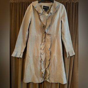Metro Style Medium Tan Cream Leather Midi Coat Y2K Ruffle 70s NWT